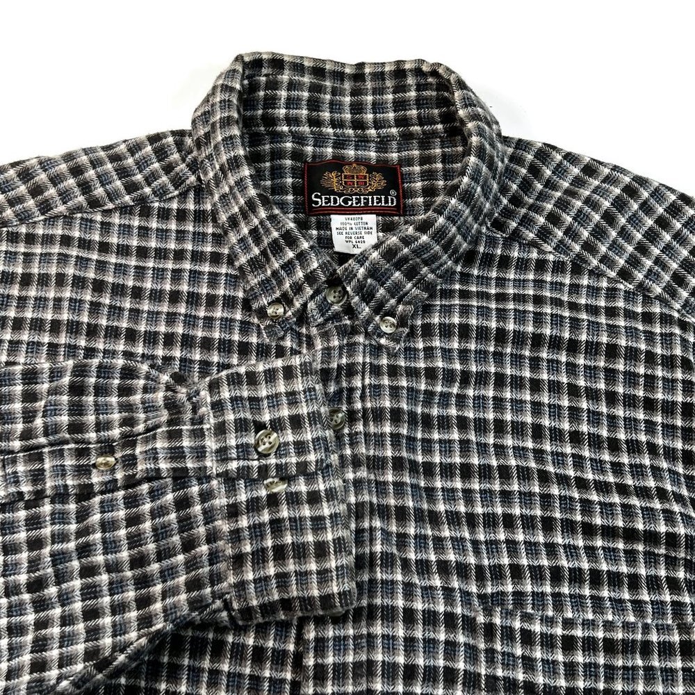 Sedgefield Button Down Shirt Mens XL Long Sleeve Gray‎ Blue Plaid Cotton